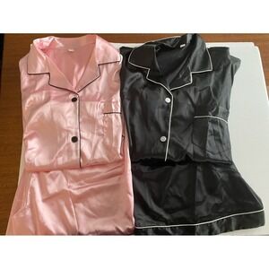 2 Pack Set Satin Short Sleeve Pajama Sets Tops & Shorts Sz XXL‎ Pink & Black